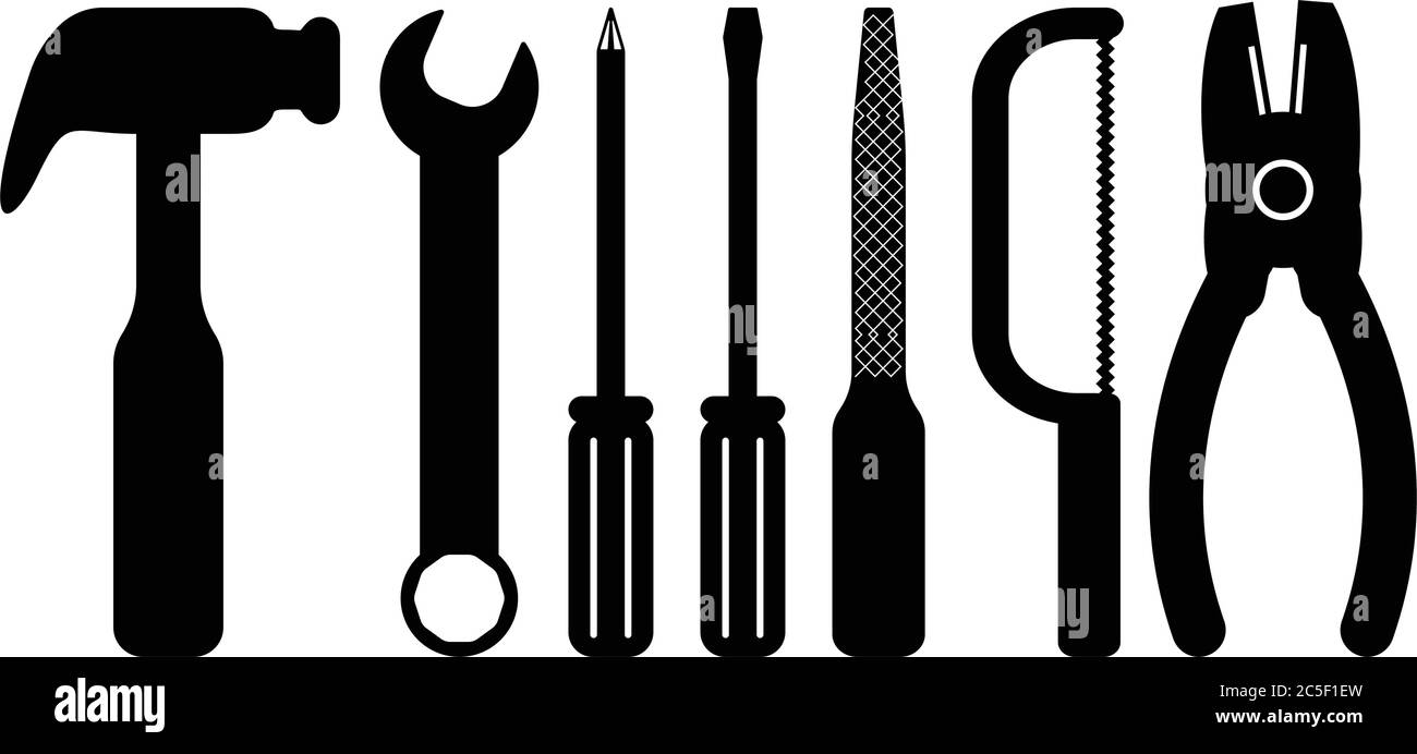 Work Tools Black Saw Wrench Hammer Screwdriver Icon Set Handyman Services Toolbox Vector Illustration Stock Vector