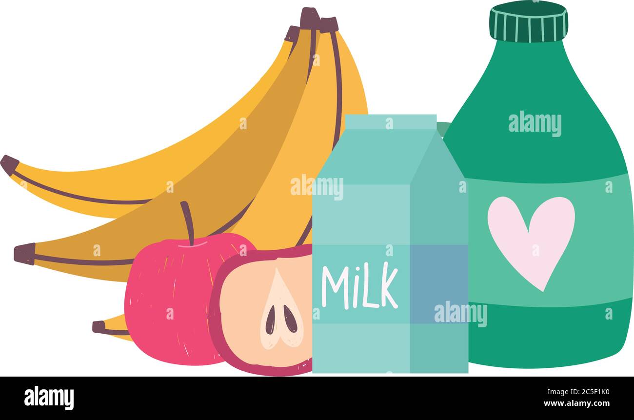 banana apple milk juice bottle, food delivery in grocery store vector
