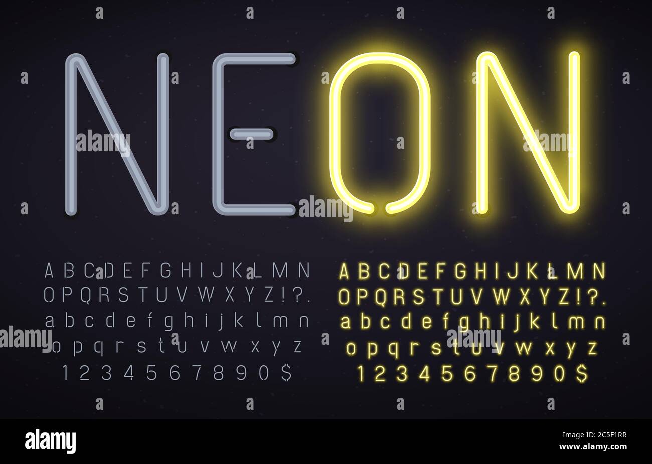 Neon font with light on and off. Alphabet, numbers and punctuation marks with luminous effect. Yellow lamps Stock Vector