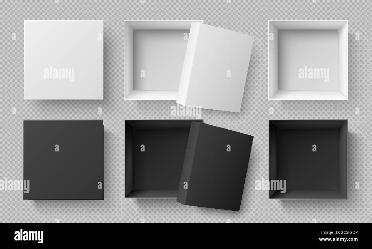 Top view white and black boxes. Realistic 3d cardboard mockup isolated on transparent background. Square package Stock Vector
