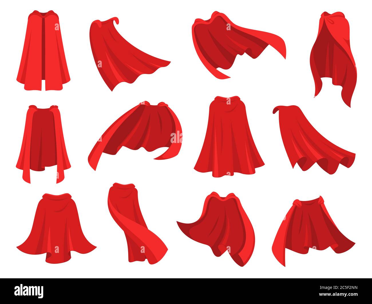 Superhero red cape. Scarlet fabric silk cloak in different position, front back and side view. Mantle costume, magic cover cartoon vector set Stock Vector