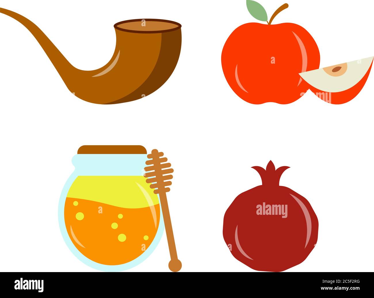 Shana Tova new jewish year holiday greeting message with apple, honey, pomegranate and horn Stock Vector
