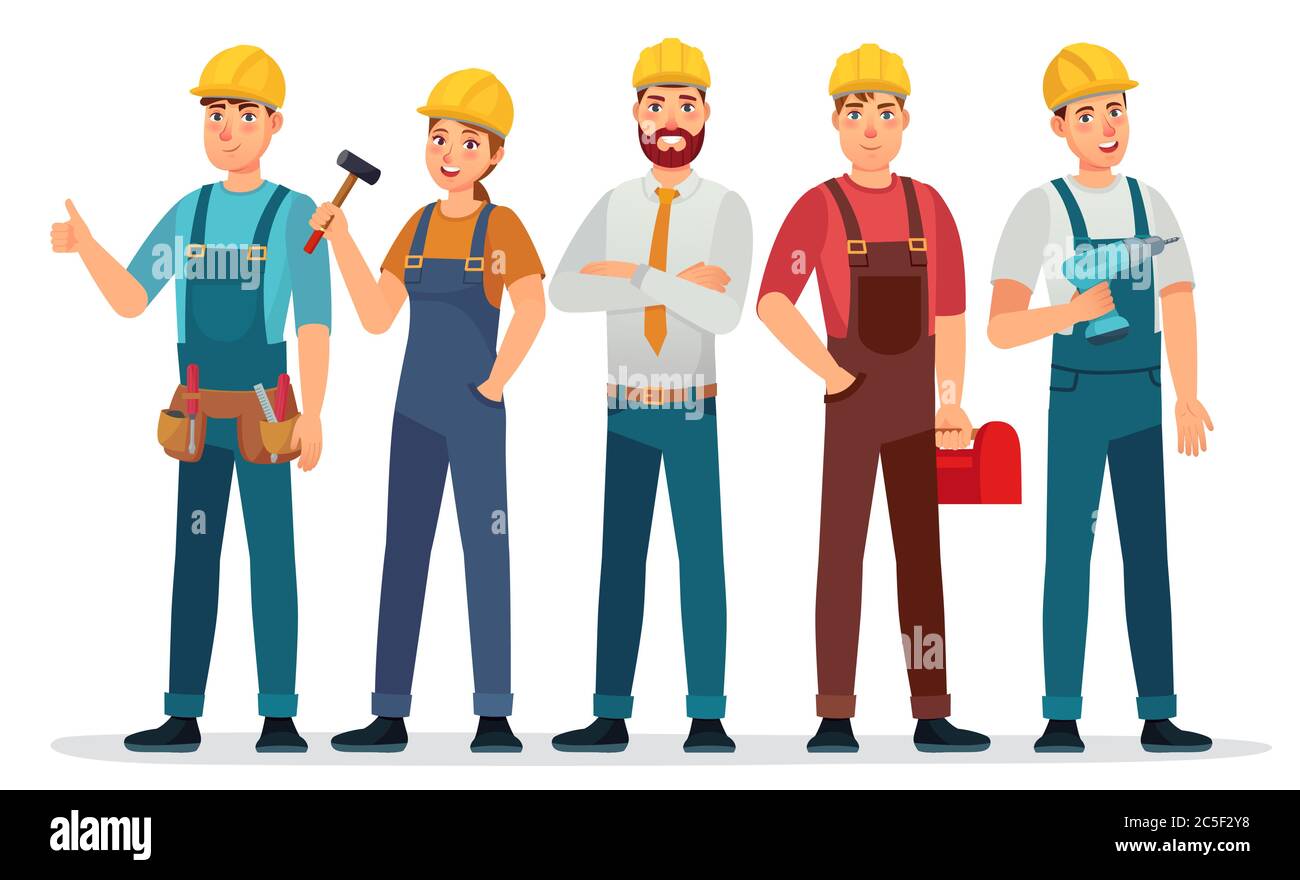 Industrial workers. Professional technician, mechanical engineer with helmet and professionals expert group cartoon vector illustration Stock Vector