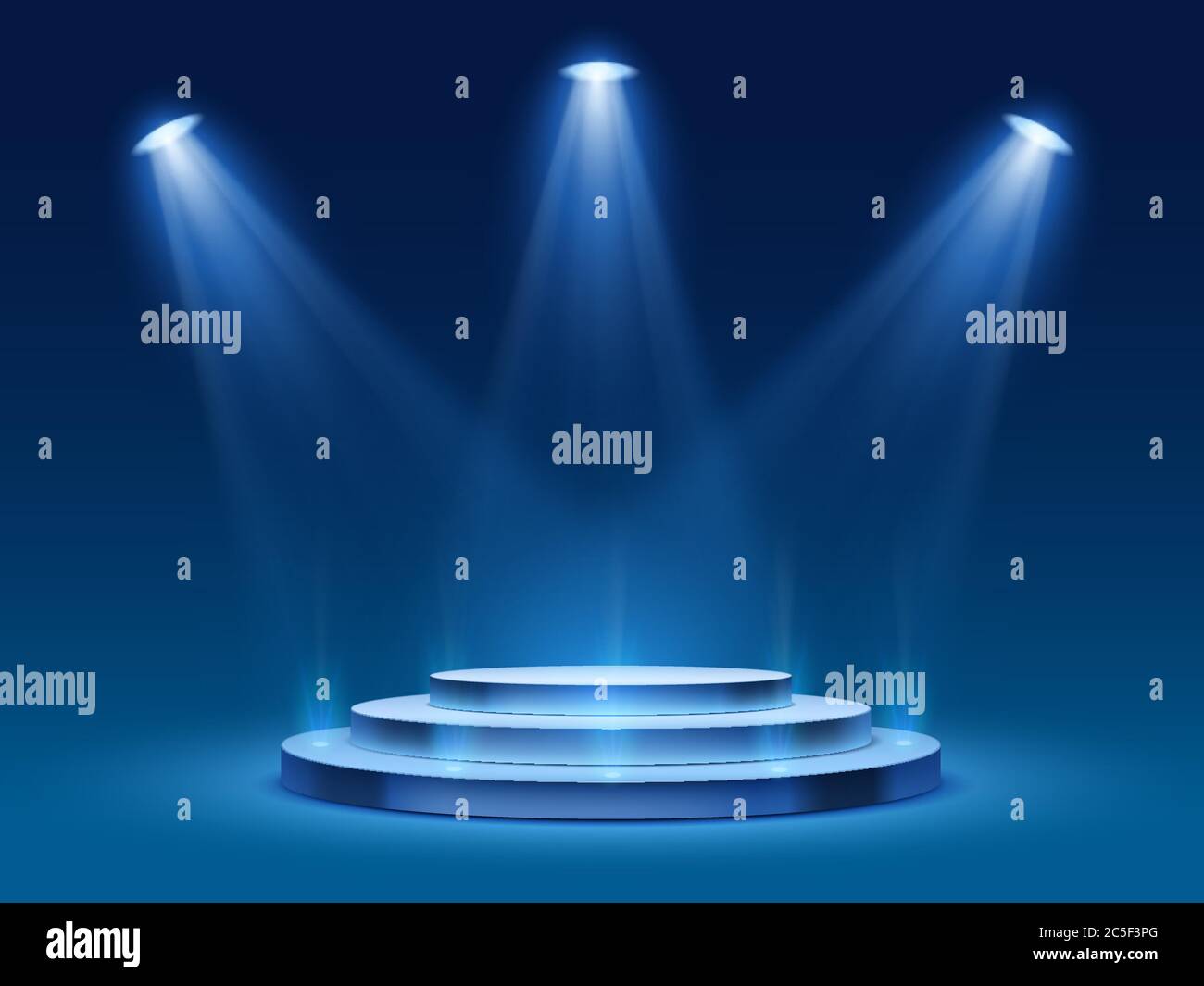 Scene podium with blue light. Stage platform with lighting for award ceremony, illuminated pedestal for presentation shows, vector image Stock Vector