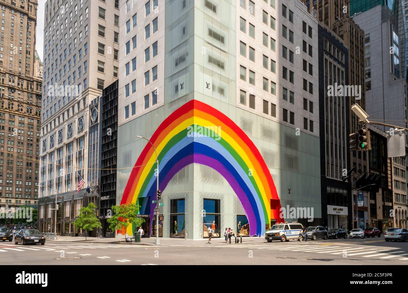 The Louis Vuitton store on Fifth Avenue in New York, seen on Sunday, June 21,  2020. decorated for the Gay Pride. (© Richard B. Levine Stock Photo - Alamy