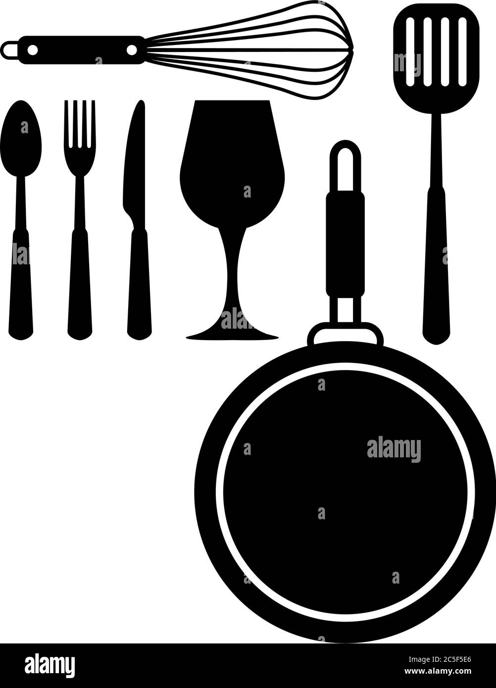 Food Cooking Tools Icon Set Fork, Knife, Spoon, Frying Pan, Whisk, Spatula And Wine Glass. Black Isolated Vector Illustration Stock Vector