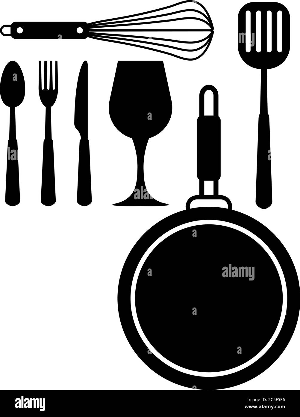 Food Cooking Tools Icon Set Fork, Knife, Spoon, Frying Pan, Whisk ...