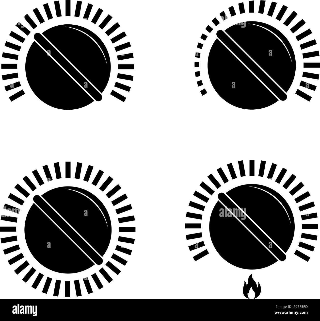 Black cooking stove heat knobs icon set. Kitchen gas dial symbol. Isolated vector illustration on white background. Stock Vector