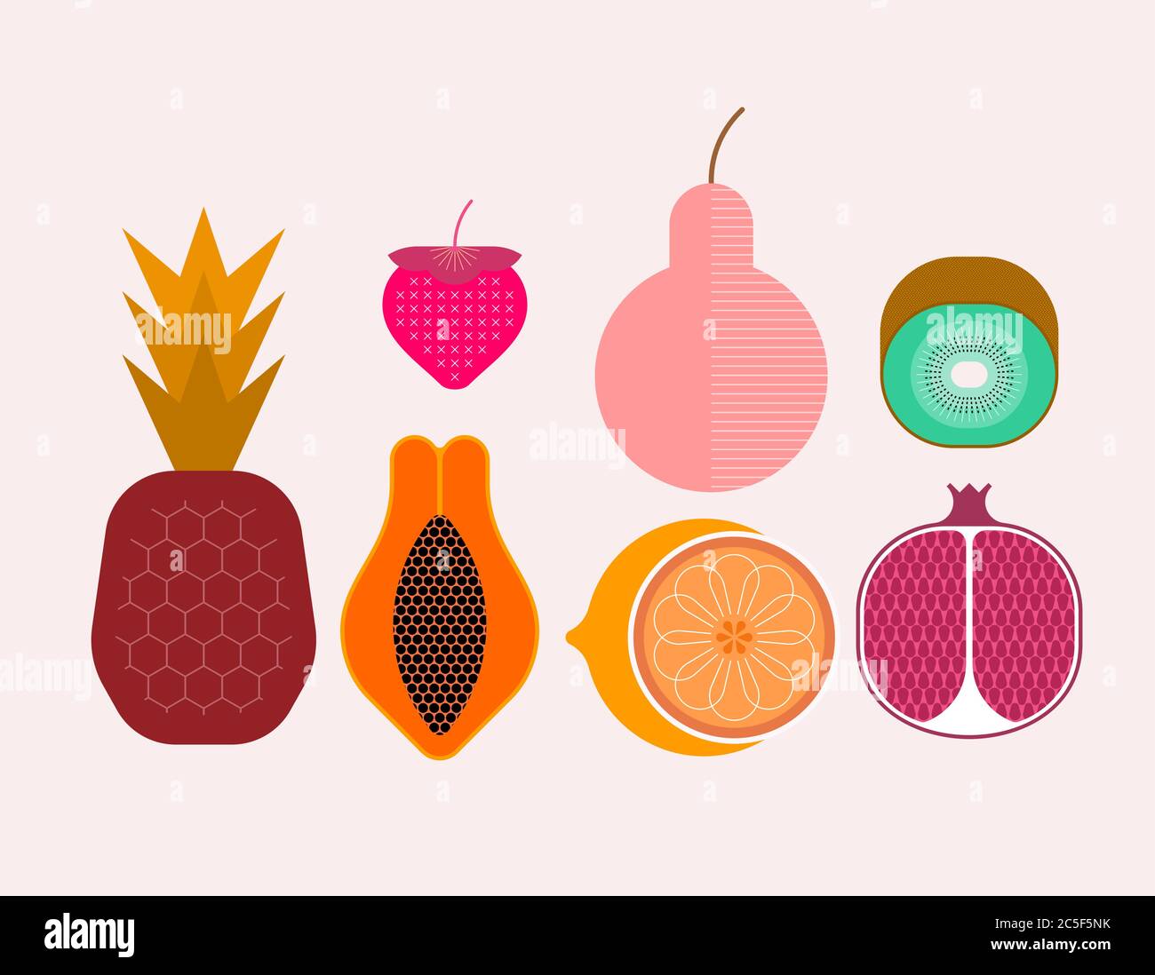 Set of ripe tropical fruits isolated on a light background, vector illustration. Strawberry, pineapple, pear, kiwi, pomegranate, citrus, papaya. Stock Vector