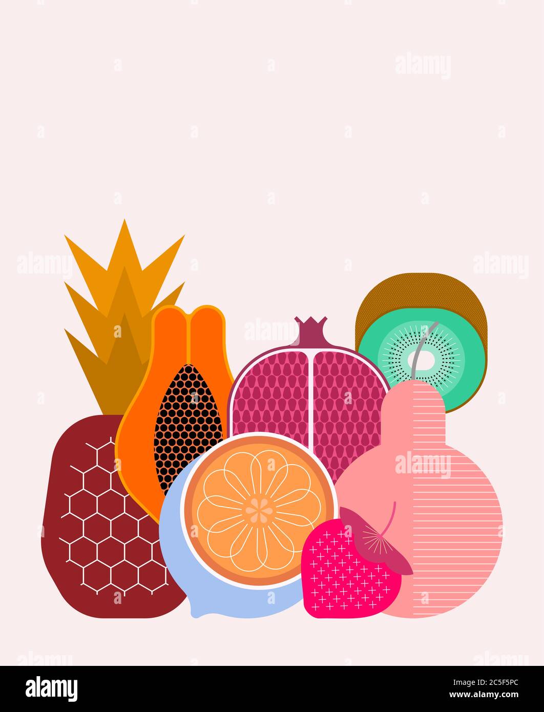 Mix of ripe tropical fruits isolated on a light background, vector illustration. Strawberry, pineapple, pear, kiwi, pomegranate, citrus, papaya. Stock Vector