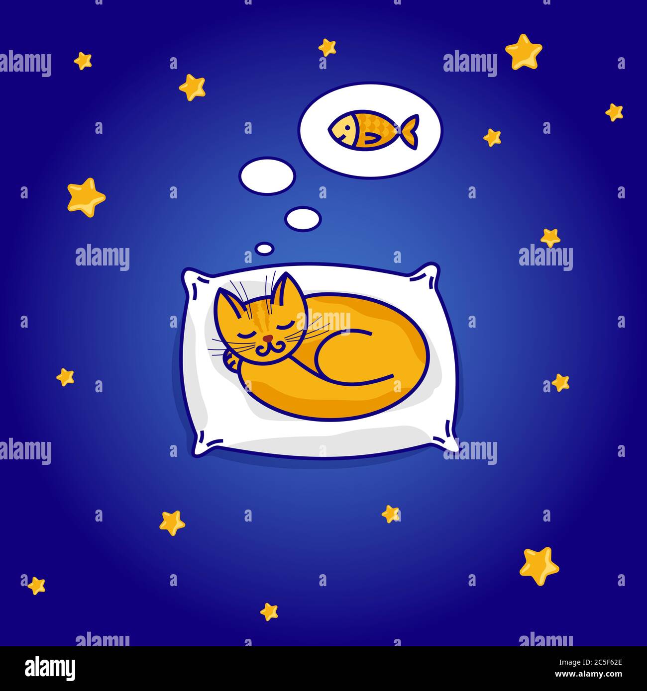 Cute little ginger cat sleeping on pillow and dreaming of fish Stock Vector
