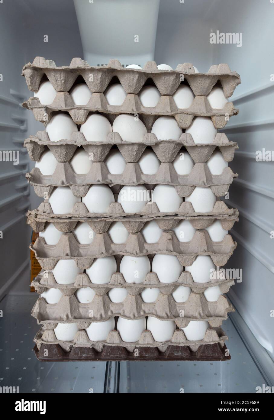 Flats Of Fresh Eggs Stored In A Refrigerator Moulded Paper Pulp Egg Trays Thirty Eggs In Each Flat Tray Stock Photo