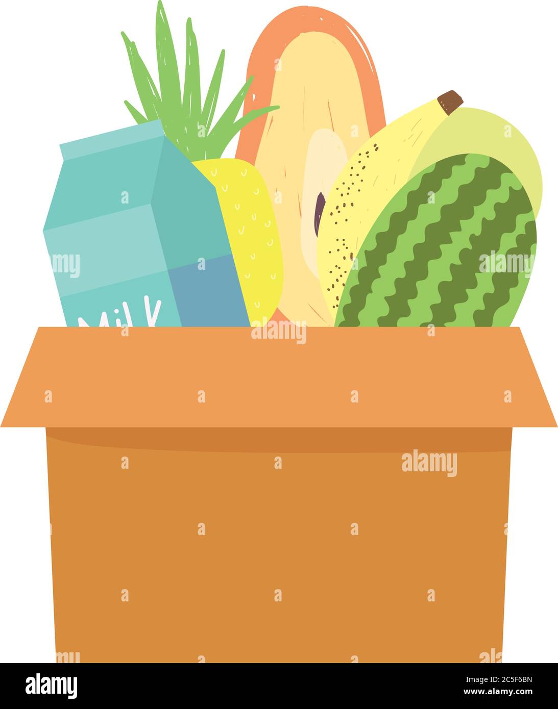 grocery bag and box with vegetables milk bottle and bread isolated icon design vector illustration Stock Vector