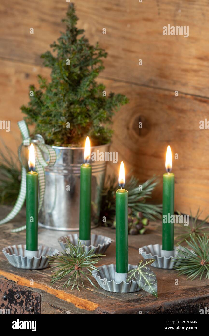 christmas decoration with green advent candles and picea glauca Stock Photo