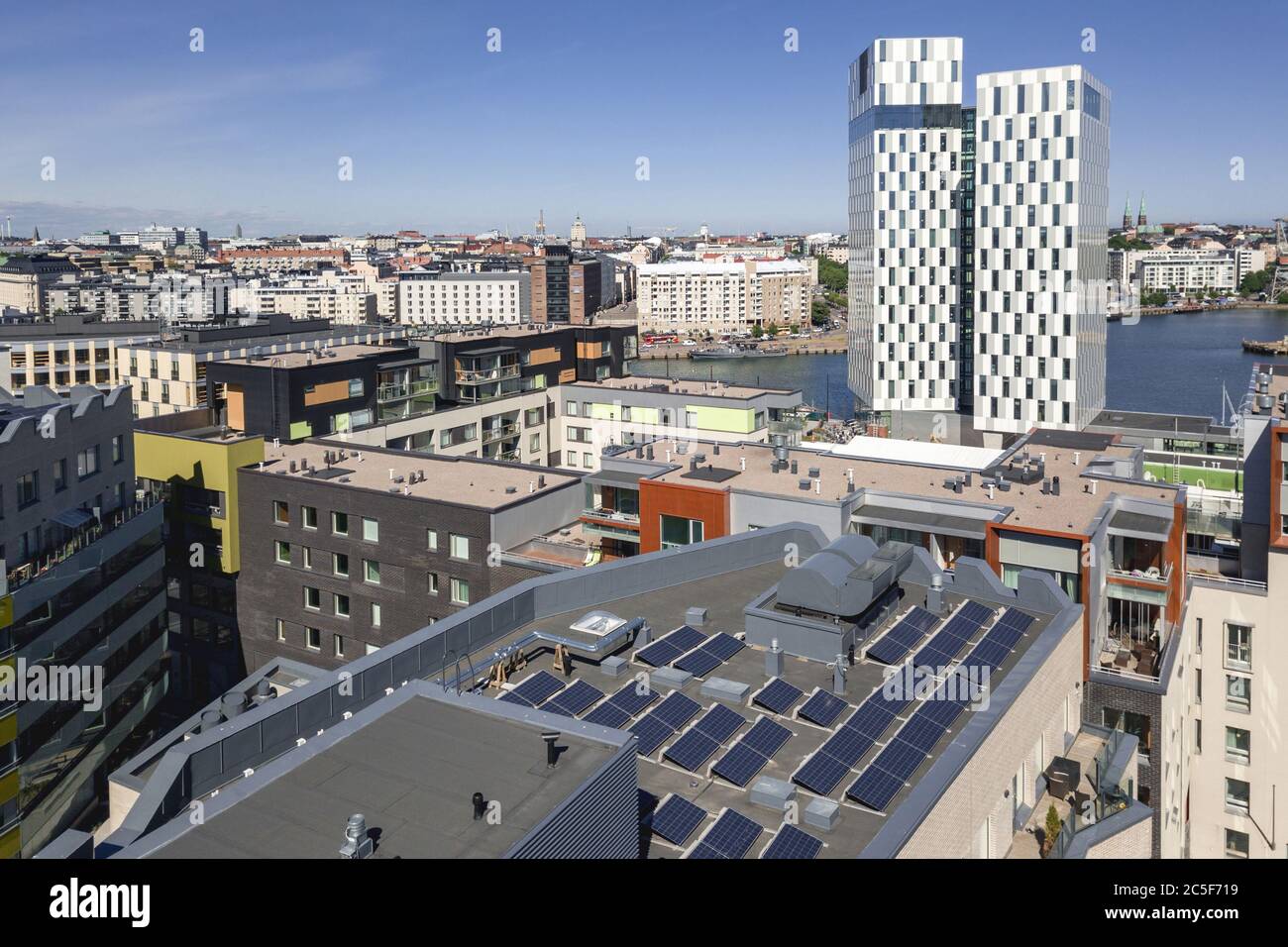 Aerial view of solar panels on the roof of the modern apartment ...