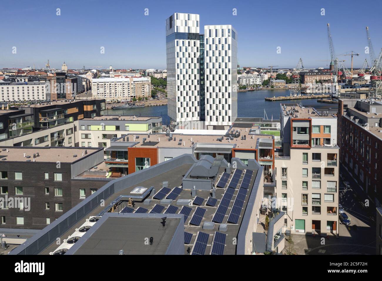 Aerial view of solar panels on the roof of the modern apartment ...