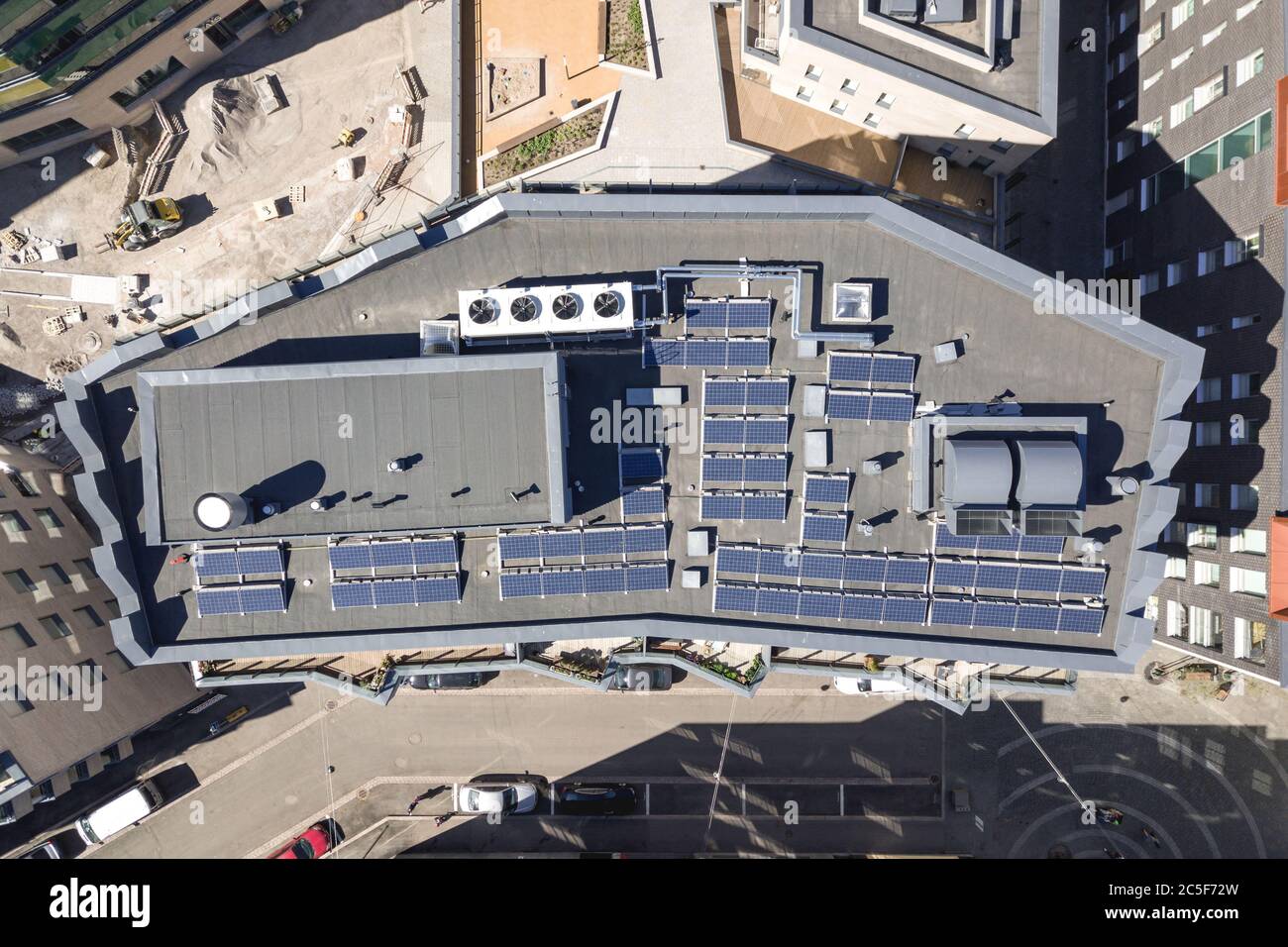 Aerial view of solar panels on the roof of the modern apartment ...