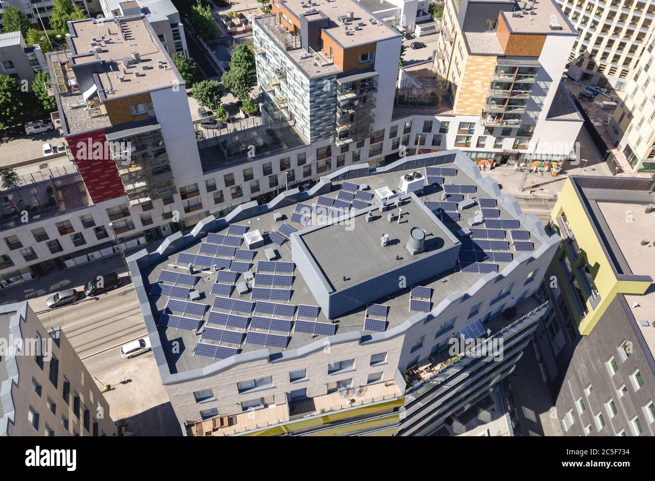 Aerial view of solar panels on the roof of the modern apartment ...