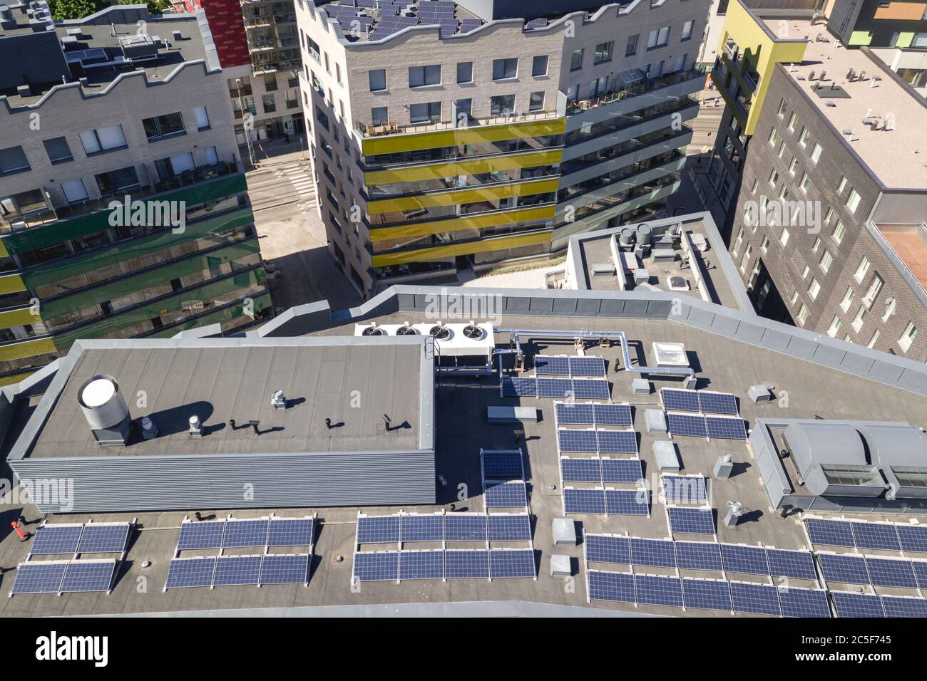 Aerial view of solar panels on the roof of the modern apartment ...