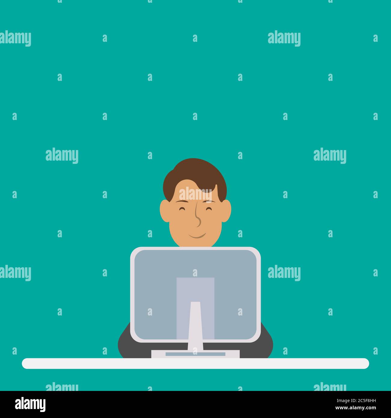 Freelancer or employee working on a computer vector illustration. adult man sitting in front of a screen isolated on green background. Stock Vector