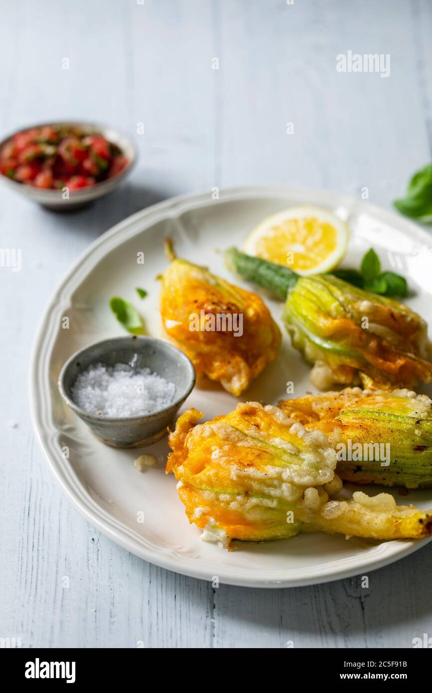 Fried courgette flowers stuffed with riccotta cheese Stock Photo Alamy