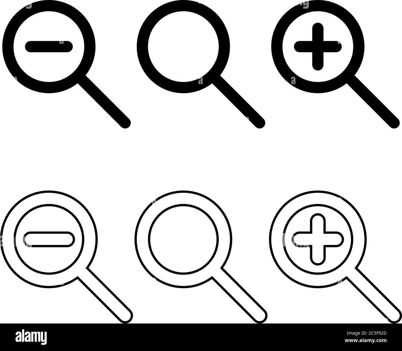Zoom in, zoom out and search icon set magnifying glass black isolated vector illustration view resize buttons for app or web UI Stock Vector