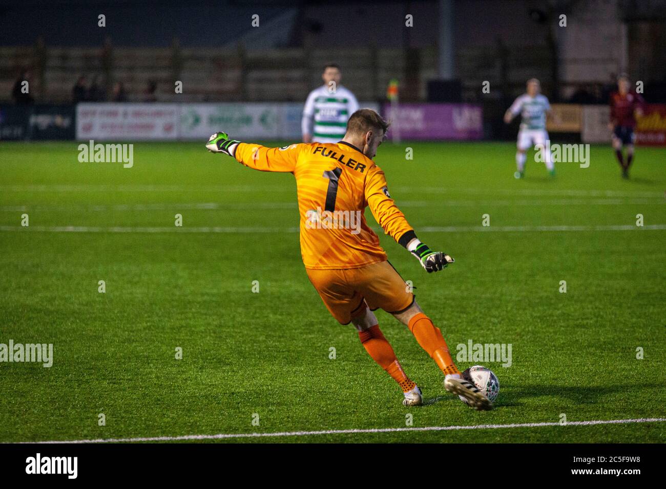 ABERYSTWYTH, UK. 20 Jan 2018. Goalkeeper Will Fuller of Cardiff Met takes a free kick during the MG Cup final football match at the Park Avenue football ground in Aberysytwyth, Wales.  Photo © Matthew Lofthouse - Freelance Photographer. Stock Photo