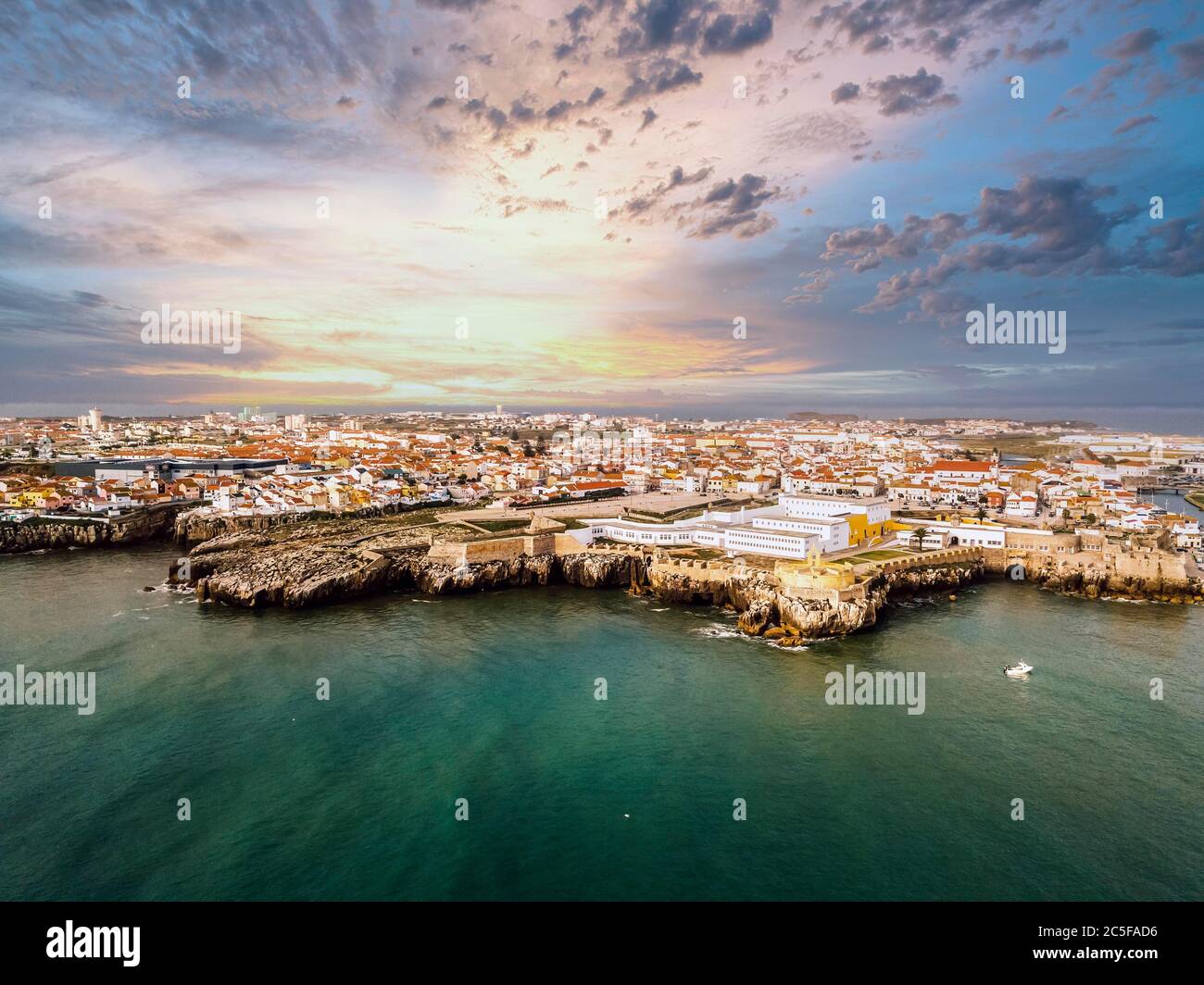 Aerial view, city view with fortress, peninsula with high cliffs, Peniche, Centro region, Portugal Stock Photo