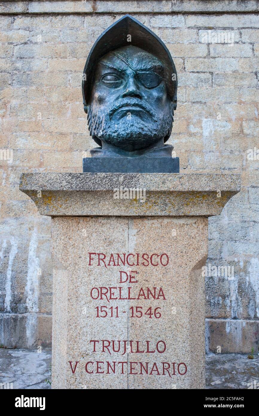 Trujillo, Spain - June 28th, 2020: Francisco de Orellana bust. Spanish explorer and conquistador. Trujillo, Spain. Unknown artist Stock Photo
