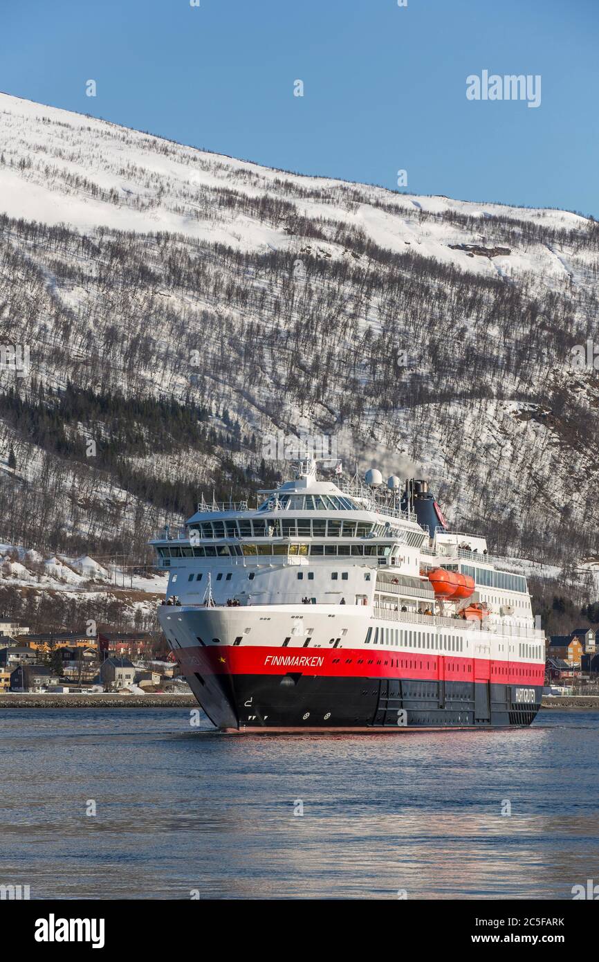 Hurtigruten vessel MS Finnmarken leaves port, Tromso, Troms, Norway