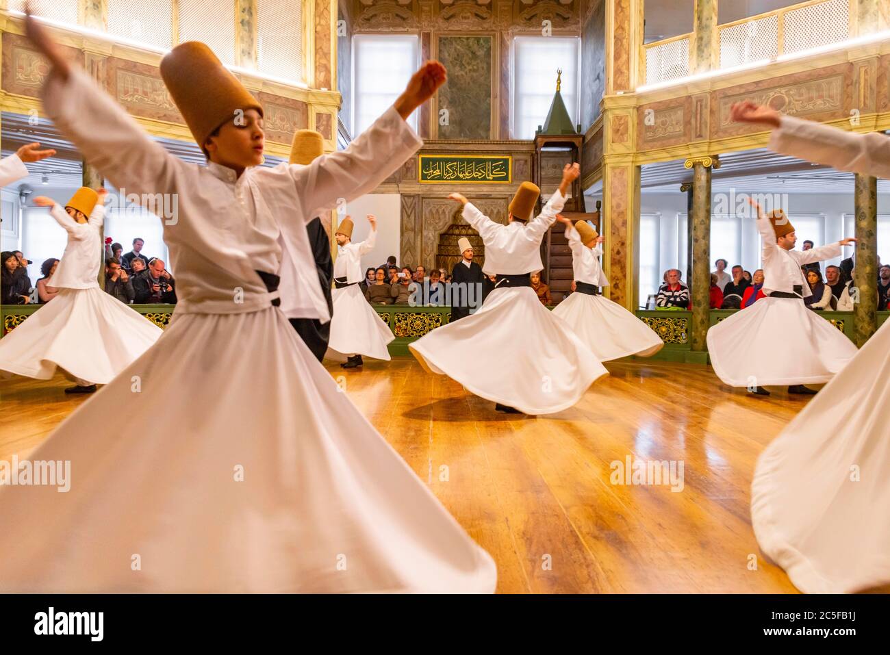 Dancing dervishes from the Sufi Mevlevi Order, Sema-Zerimonie, dervish dance, Sema, Mevlevihanesi Muezesi, Istanbul, Tuerkei Stock Photo