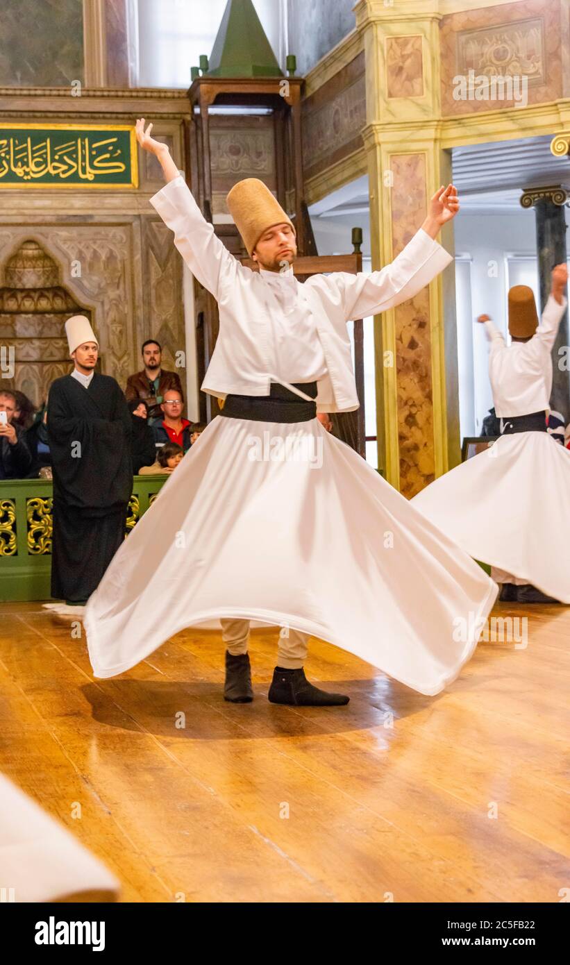 Dancing dervishes from the Sufi Mevlevi Order, Sema-Zerimonie, dervish dance, Sema, Mevlevihanesi Muezesi, Istanbul, Tuerkei Stock Photo