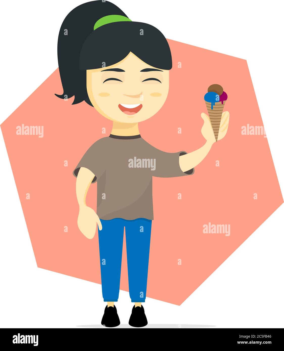 Young joyful woman standing with a big smile and holding ice cream cone illustration Stock Vector