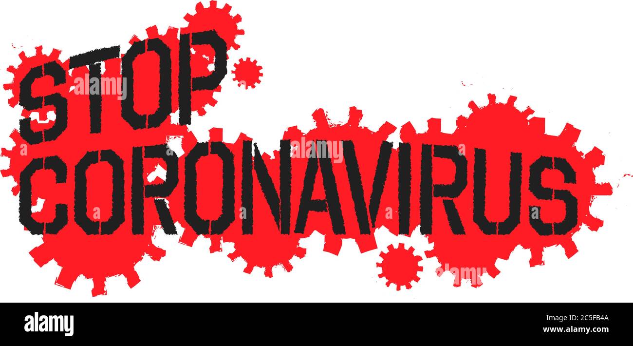 STOP CORONAVIRUS grunge black text with red COVID-19 icons isolated vector on white background Stock Vector
