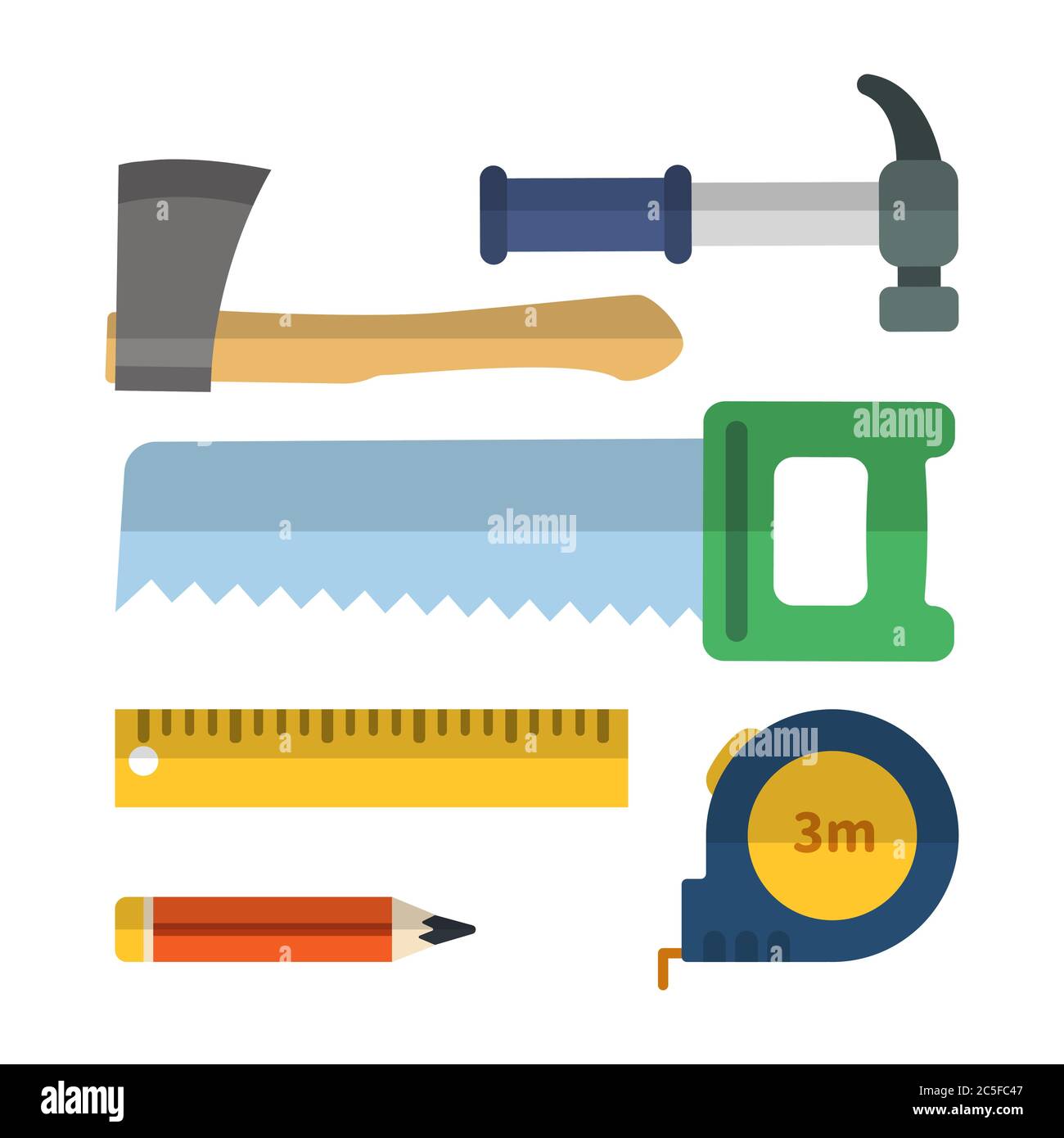 Set building tools repair, construction buildings hammer, ax, saw, tape