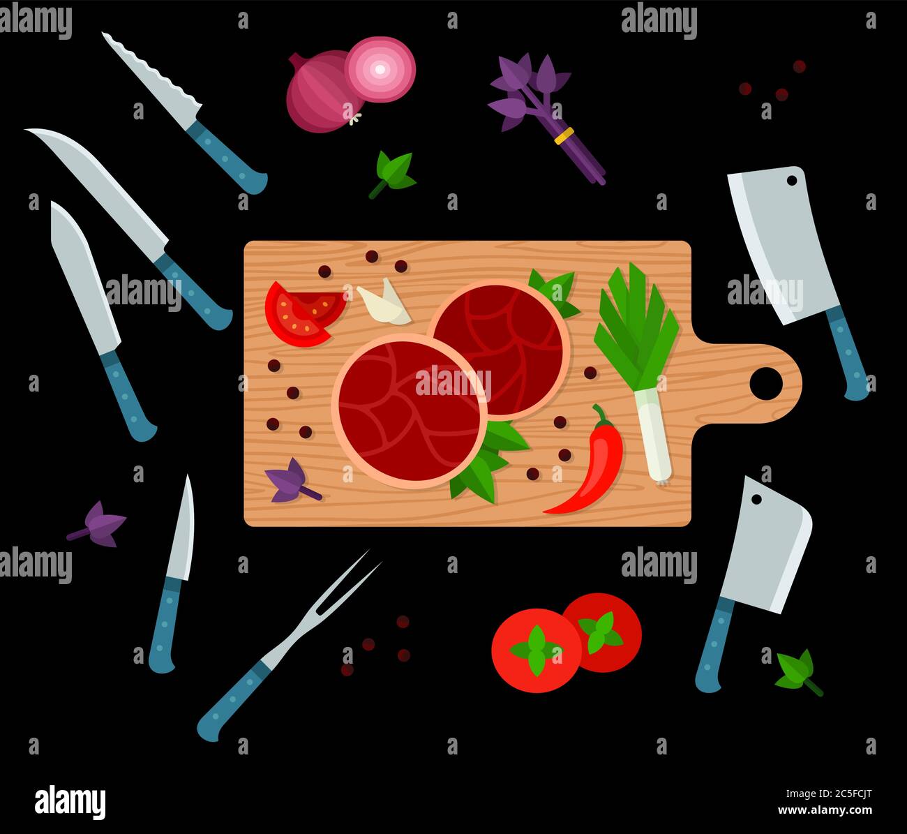 Illustration of process of cooking meat and different types of knives, top view vector illustration Stock Vector