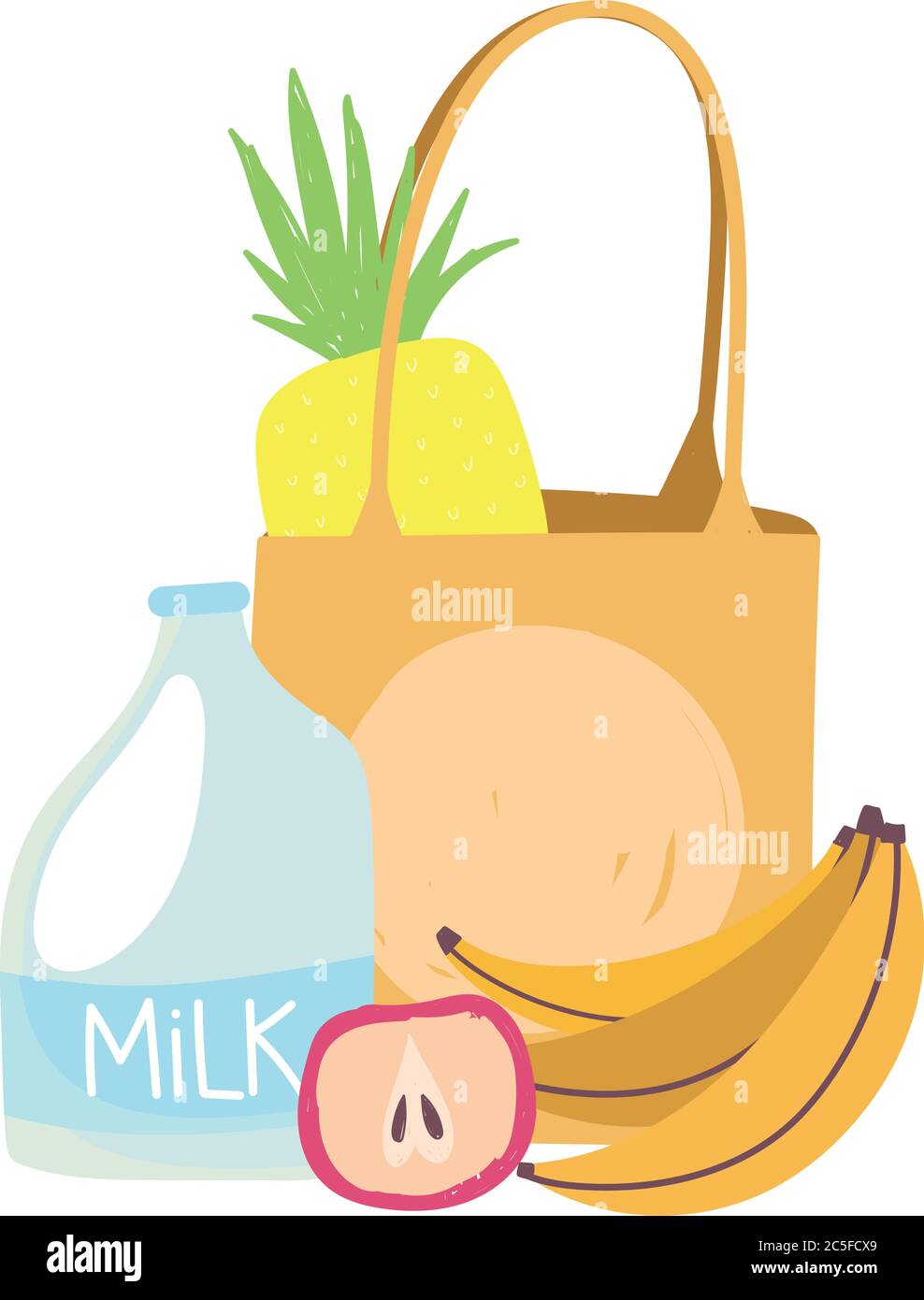 milk banana apple bag, food delivery in grocery store vector