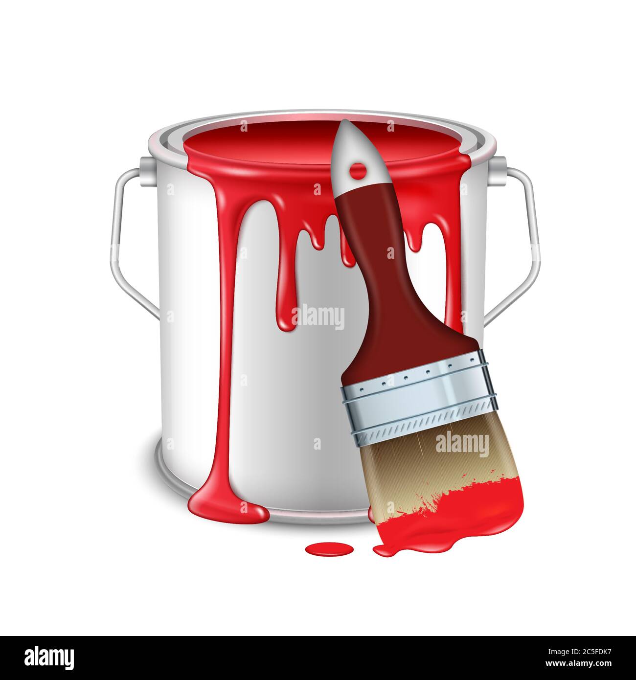 An open tin can with spilled red paint and a brush smeared in paint