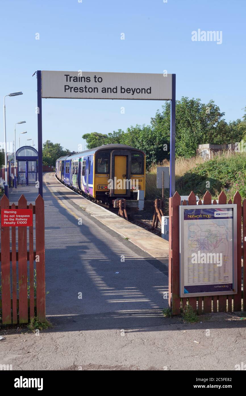 Northern Rail class 150 sprinter train waiting at the basic single platform Blackpool south railway station on the south Fylde line Stock Photo