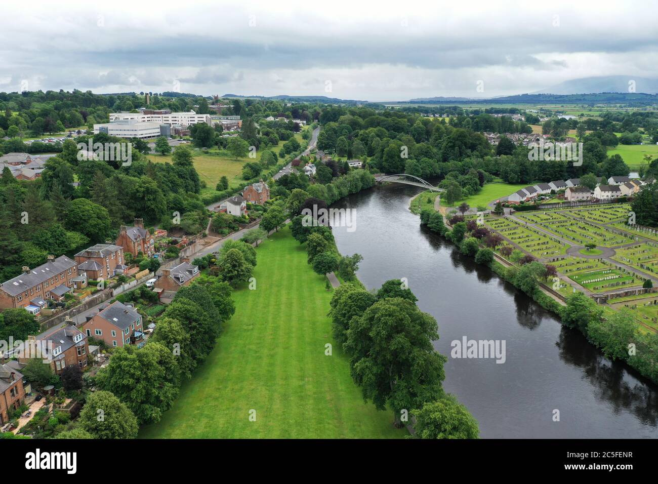 Aerial drone view of Dumfries with Dock Park and River Nith Stock Photo