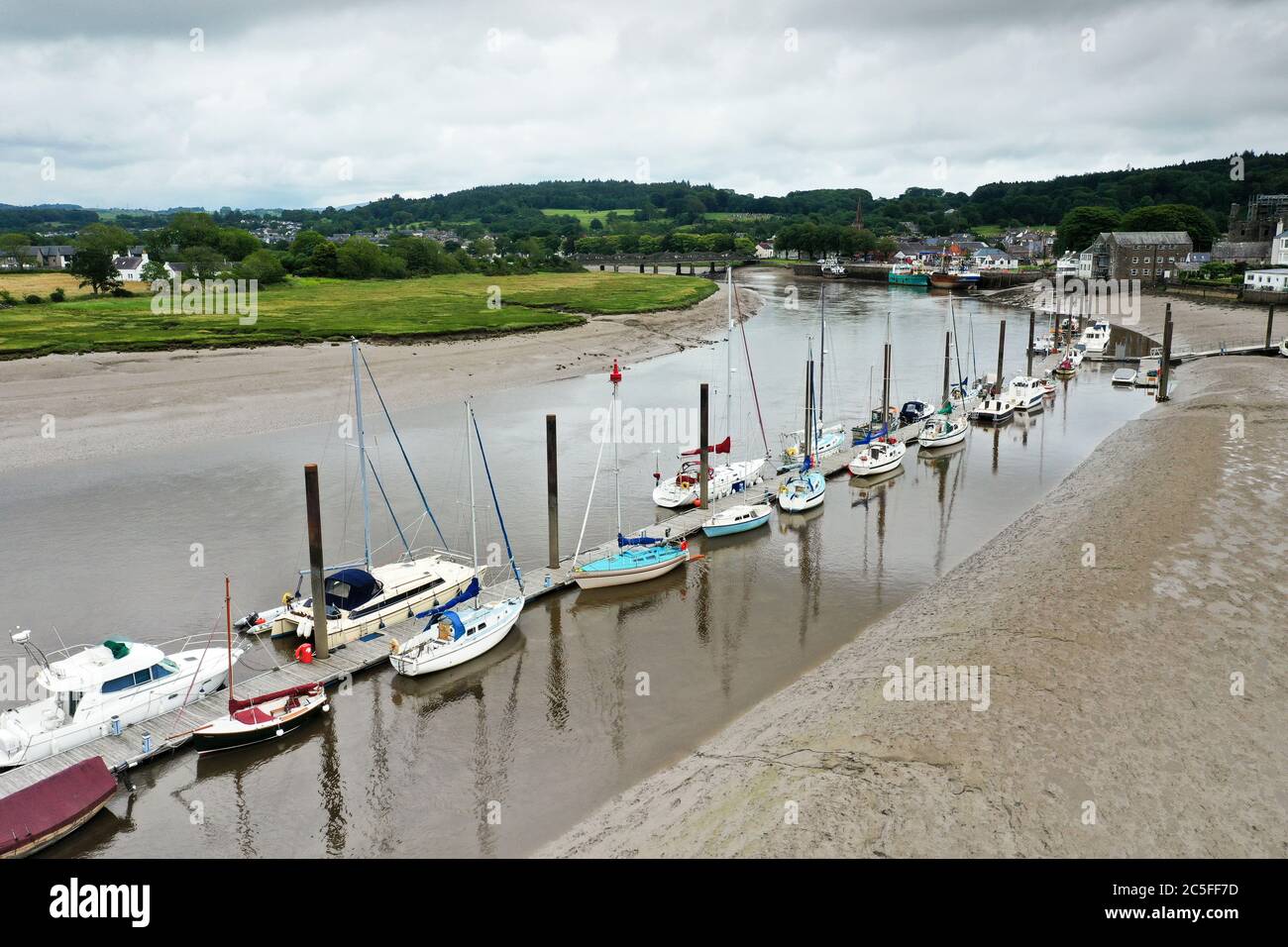 Aerial drone view of boats at Kirkcudbright Marina Stock Photo