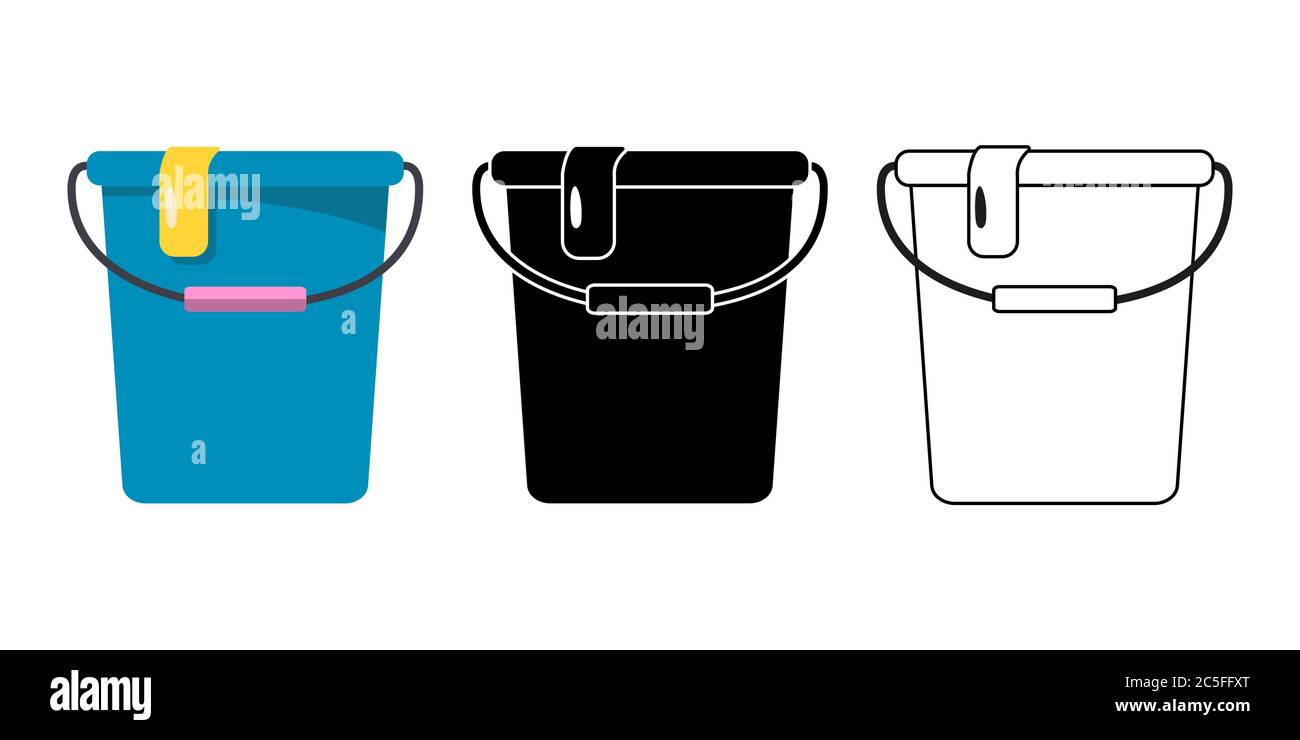 Plastic Buckets set for cleaning on white background. Stock Vector