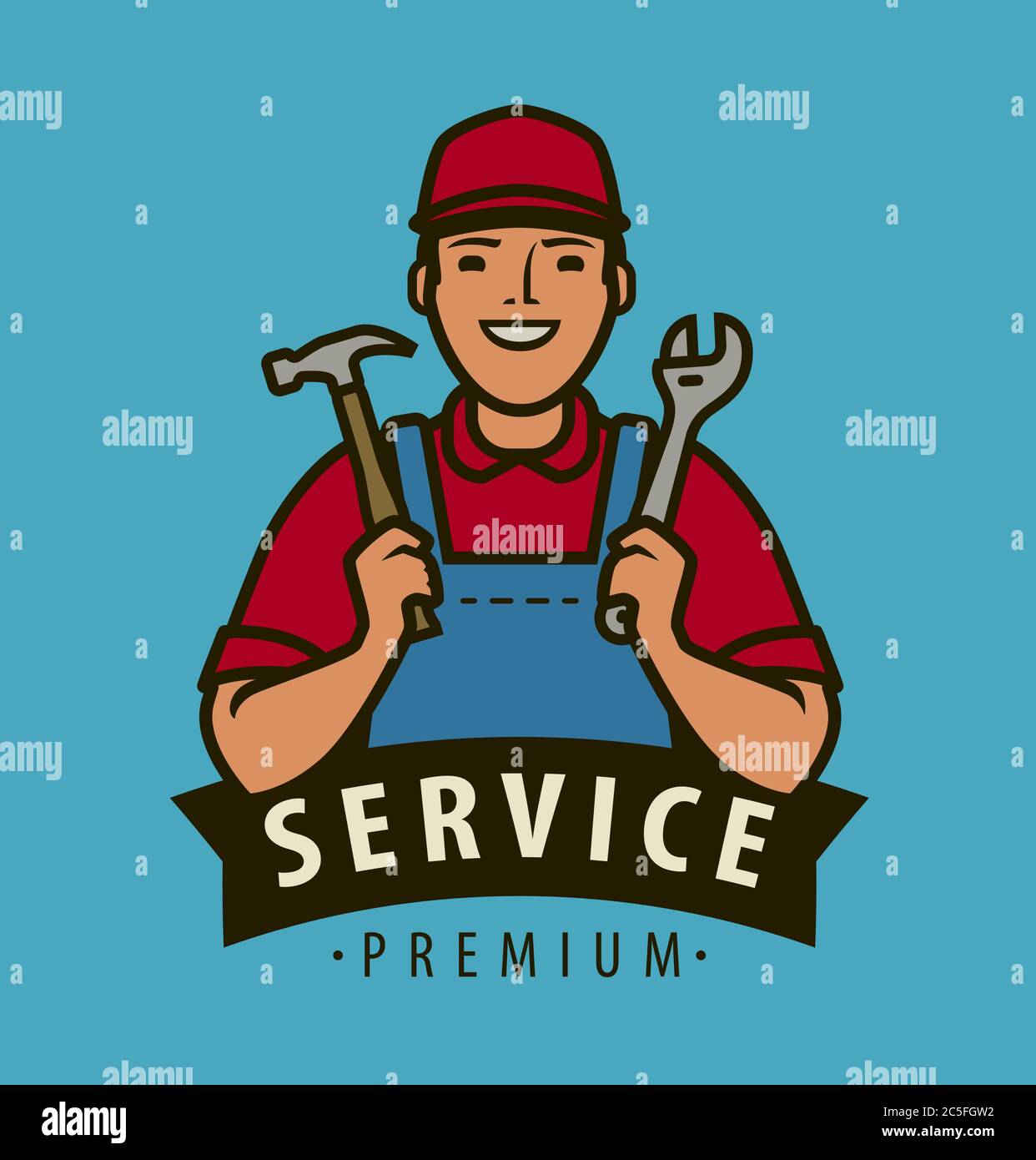 Service, repair logo. Builder with tools in hands vector illustration Stock Vector