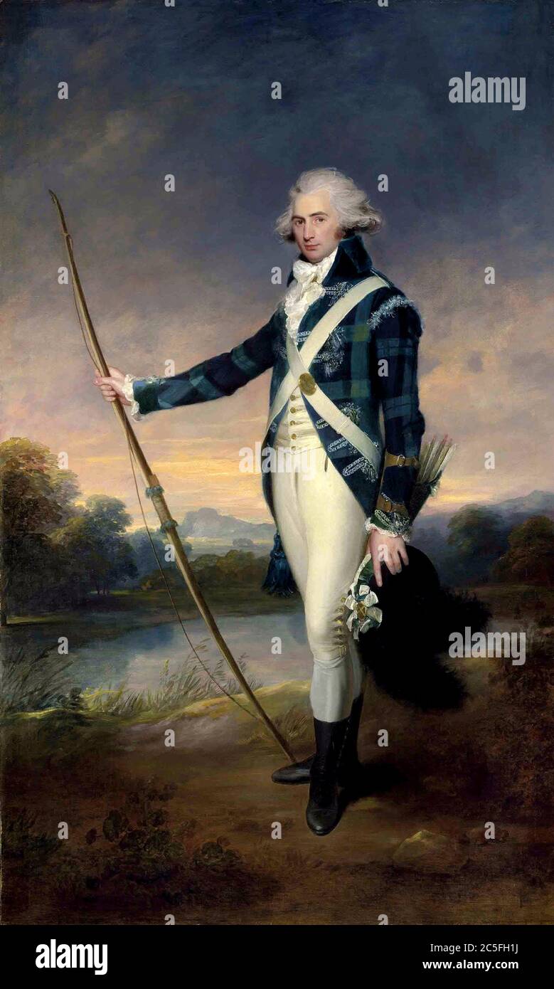 George Douglas, 16th Earl of Morton, (1761-1827), in the dress of the Royal Company of Archers, holding a longbow and a black-plumed white cockaded cap, in Holyrood Park, with Duddingston Loch and Edinburgh Castle beyond. Painting by William Beechey Stock Photo