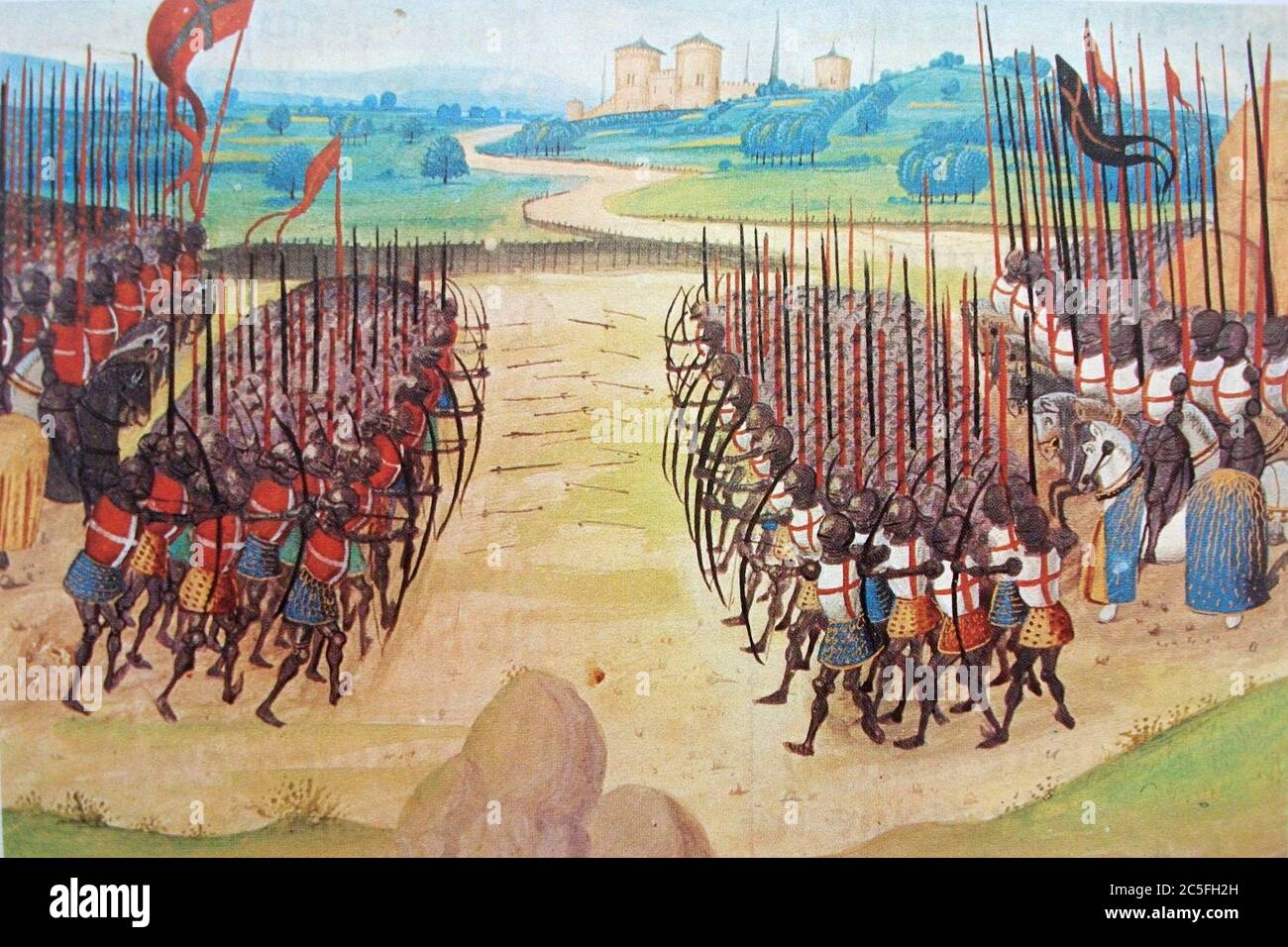 The Battle of Agincourt, one of the English victories in the Hundred Years' War. It took place on 25 October 1415 near Azincourt, in Northern France. The Battle of Agincourt, 15th-century miniature by Enguerrand de Monstrelet Stock Photo