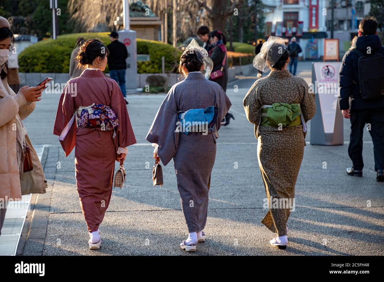 Japanese young women wearing traditional kimono walking on a street next to Senso-ji Temple. Asakusa, Tokyo. Stock Photo