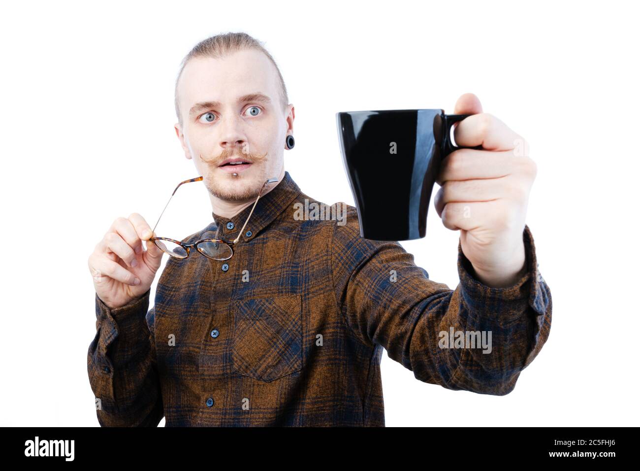 Hipster Man Shocked by Coffee Stock Photo