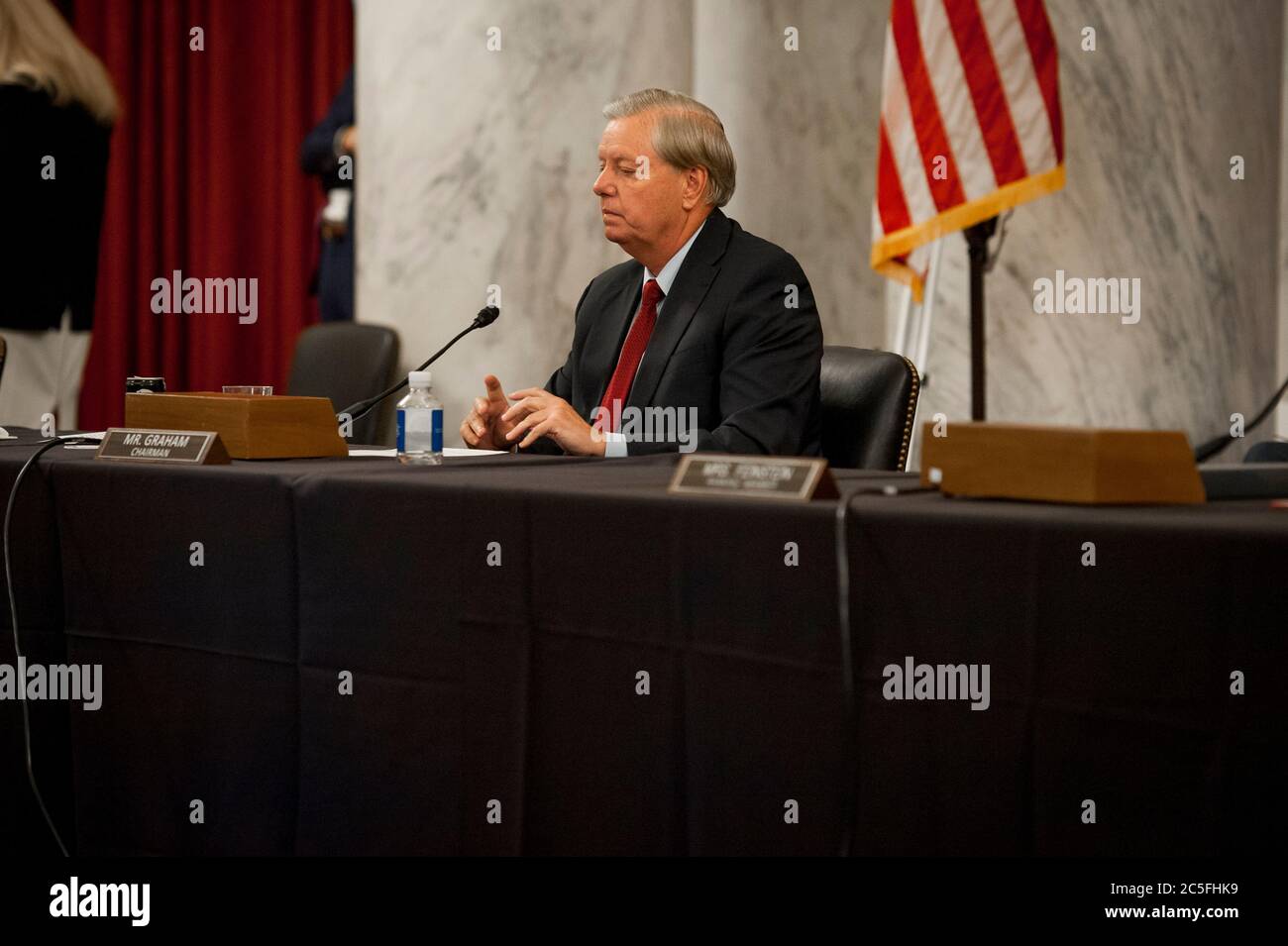 United States Senator Lindsey Graham (Republican of South Carolina), Chairman, US Senate Judiciary Committee, prepares for the committee markup of the 'Eliminating Abusive and Rampant Neglect of Interactive Technologies (EARN IT) Act of 2020,' and judicial nominations in Russell Senate Office Building on Capitol Hill in Washington, DC., Thursday, July 2, 2020. Credit: Rod Lamkey/CNP /MediaPunch Stock Photo