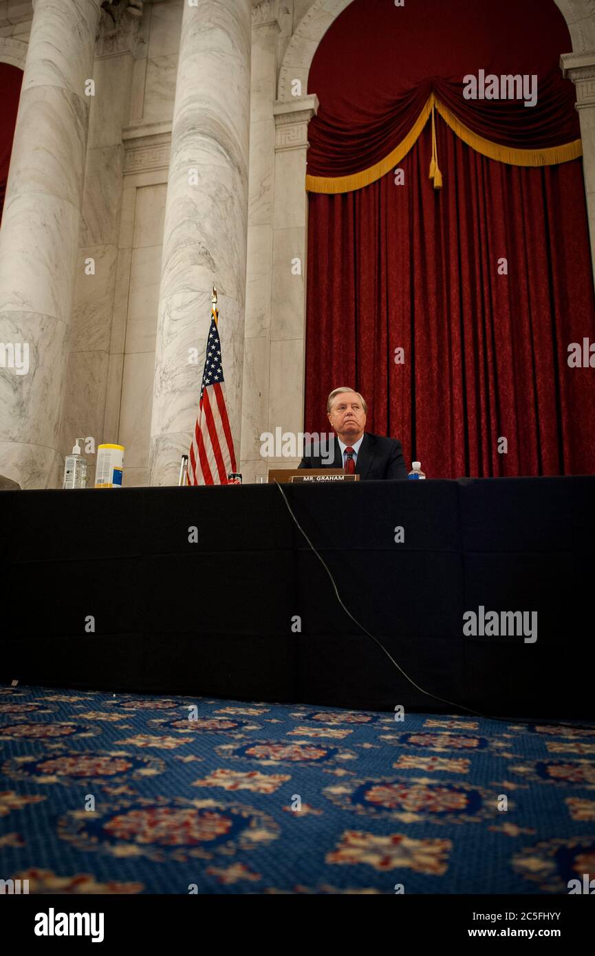 United States Senator Lindsey Graham (Republican of South Carolina), Chairman, US Senate Judiciary Committee, listens to remarks during the committee markup of the 'Eliminating Abusive and Rampant Neglect of Interactive Technologies (EARN IT) Act of 2020,' and judicial nominations in Russell Senate Office Building on Capitol Hill in Washington, DC., Thursday, July 2, 2020. Credit: Rod Lamkey/CNP /MediaPunch Stock Photo