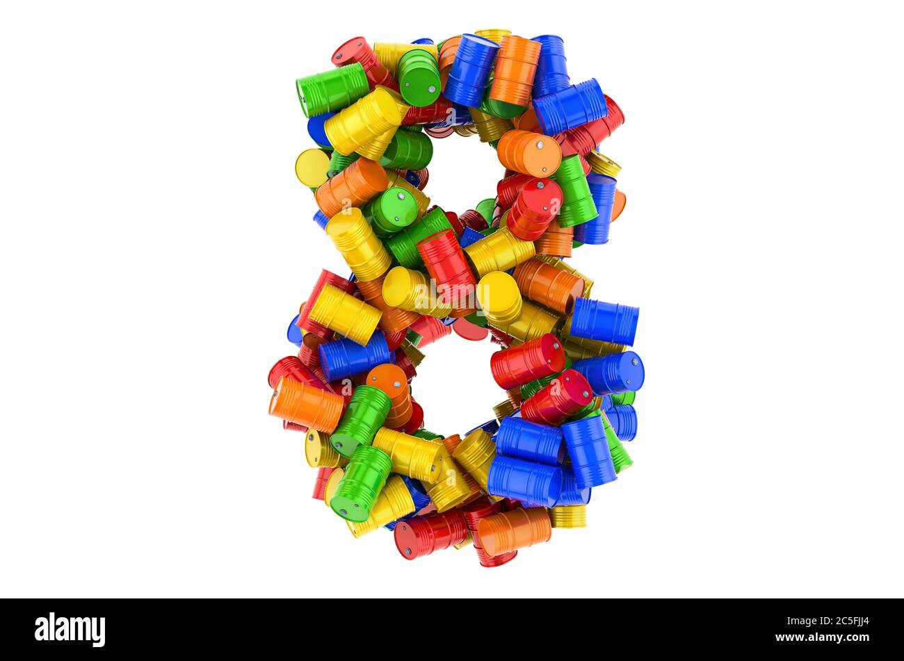 Number 8 from colored steel barrels, 3D rendering isolated on white ...